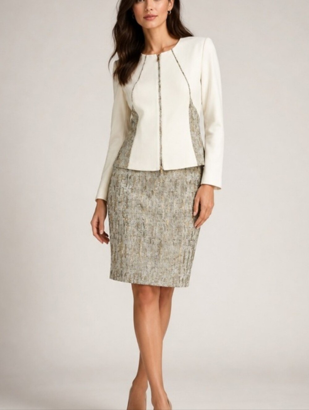 🌺 Cream & Gold Tweed Pencil Skirt Suit - Women's Sophisticated Workwear